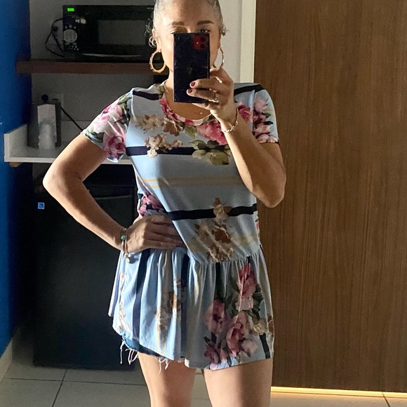 BLUE FLORAL + stripe PRINT ROUND peplum tunic top, CUTE! New - Picture 4 of 7